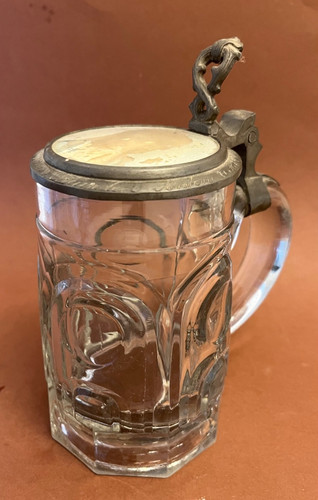 Alter bierkrug glas zinndeckel - bierkrug,